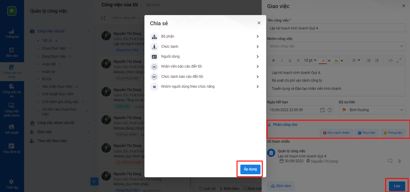 Phân công cho người thực hiện công việc