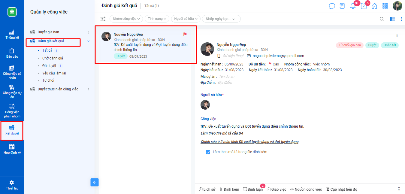 Duyệt đánh giá kết quả làm việc của nhân viên